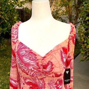 GUESS  CYPRESS RED PUFFED SLEEVES MAUVE PRINT SMOCKED MINI DRESS Sz ME…